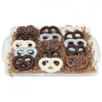 15 double dipped chocolate pretzels on a glass platter from eCondolence.com